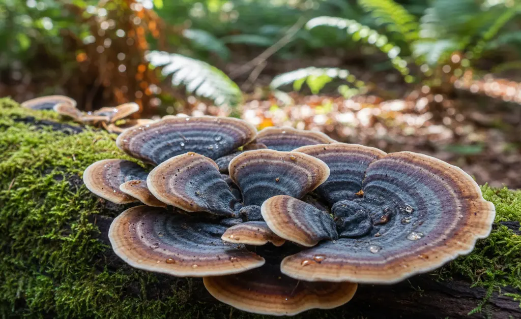 A close-up, photorealistic shot showcasing the striking, colorful bands of a turkey tail mushroom growing on a mossy log.