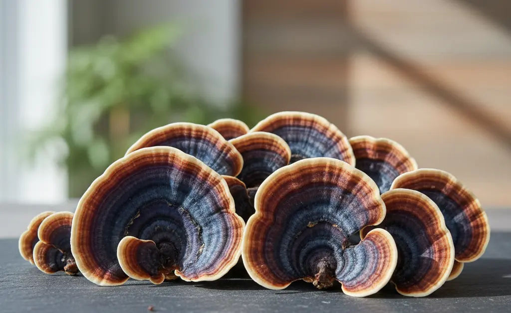 A visually appealing arrangement showcasing the unique patterns of turkey tail mushroom for acid reflux, presented in a natural, calming setting.
