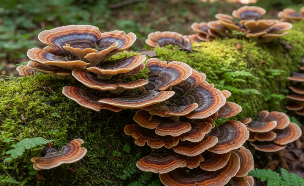 A calming natural scene focusing on a cluster of vibrant turkey tail mushroom for anxiety, with soft, diffused sunlight.