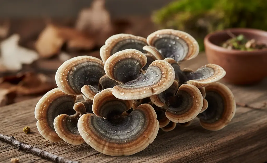 A close-up, studio-shot of vibrant turkey tail mushrooms, emphasizing their intricate patterns and earthy tones, presented as a natural element in discussions about turkey tail mushroom for belly fat loss.