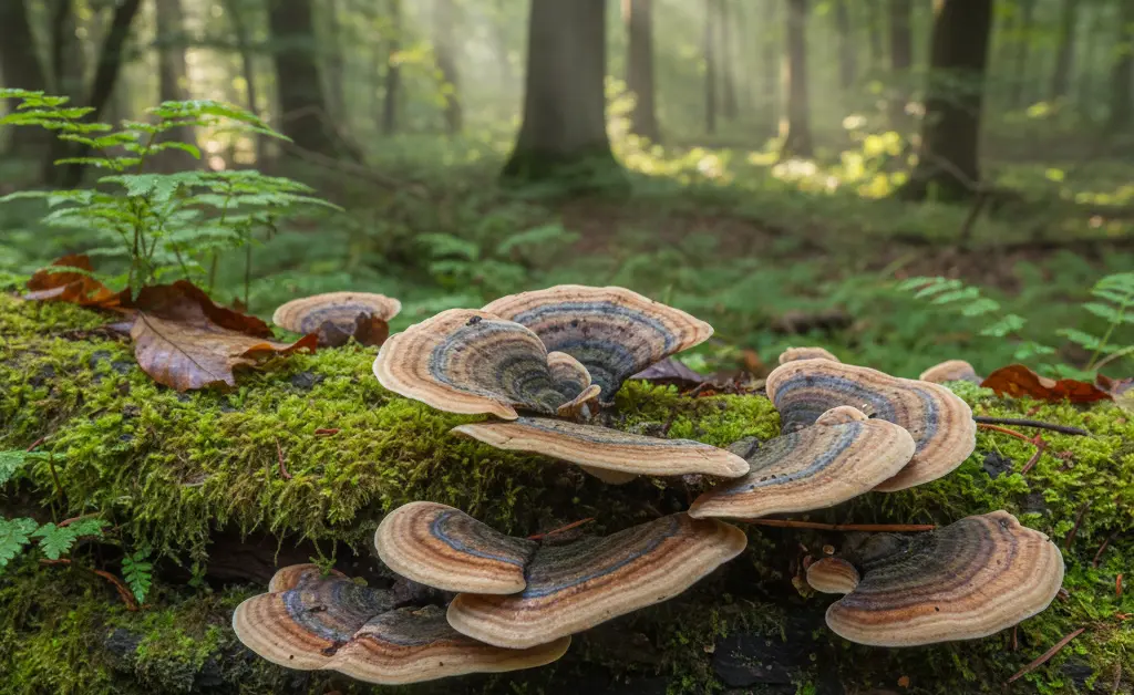 A focused shot of a vibrant turkey tail mushroom for bloating relief, surrounded by fresh natural elements.