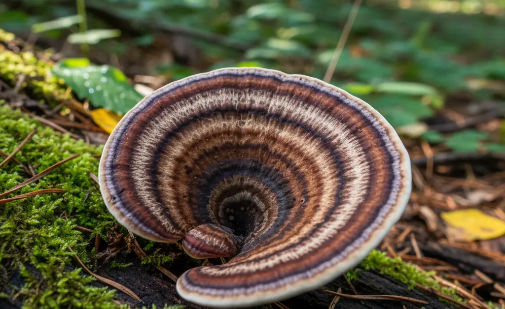A close-up, detailed photograph showcasing the distinct, colorful banding of a fresh turkey tail mushroom for brain health, set against a soft, blurred natural forest floor background.