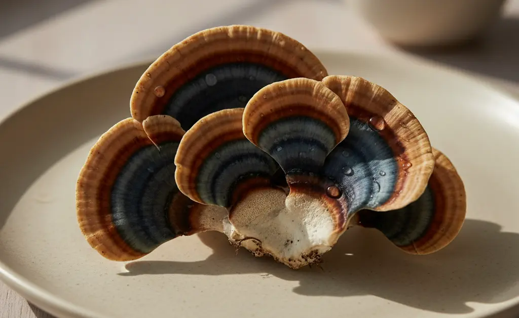 An abstract, artistic depiction of the turkey tail mushroom for breast health, featuring earthy tones and gentle illumination.