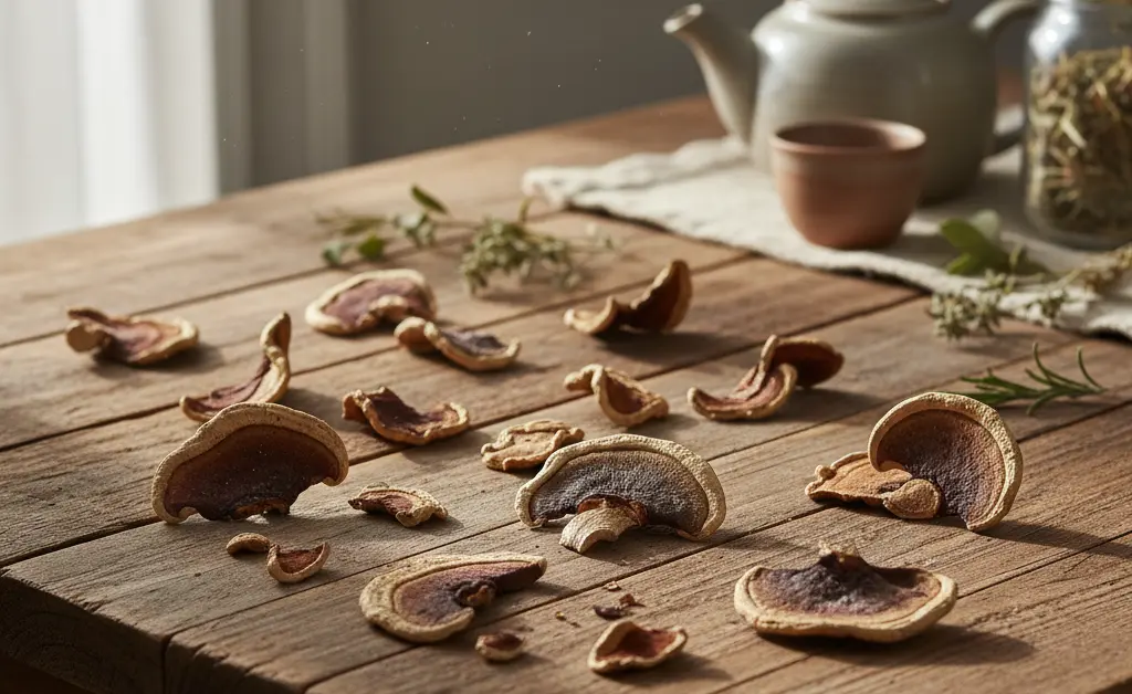A visually appealing flat lay showcasing the earthy tones of dried turkey tail mushroom slices, emphasizing their potential as a natural remedy for colds.