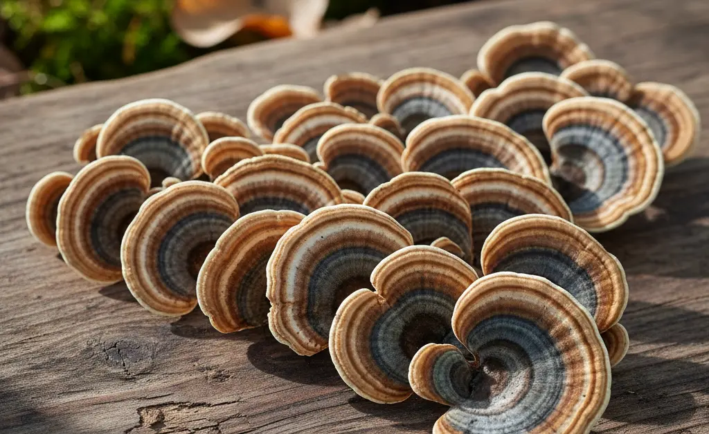 A close-up, photorealistic image showcasing the distinct, fan-like shape of turkey tail mushroom for constipation, with soft, natural light highlighting its earthy tones and intricate patterns.