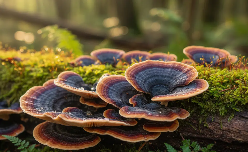 A close-up, photorealistic shot showcasing the vibrant, fan-shaped turkey tail mushroom for cough, with a subtle bokeh background suggesting a natural, calming environment.