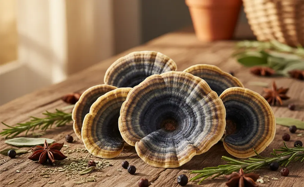 A serene, overhead shot showcasing a cluster of vibrant turkey tail mushroom for cysts, artistically arranged on a natural, moss-covered surface, evoking a sense of organic support and natural wellness.