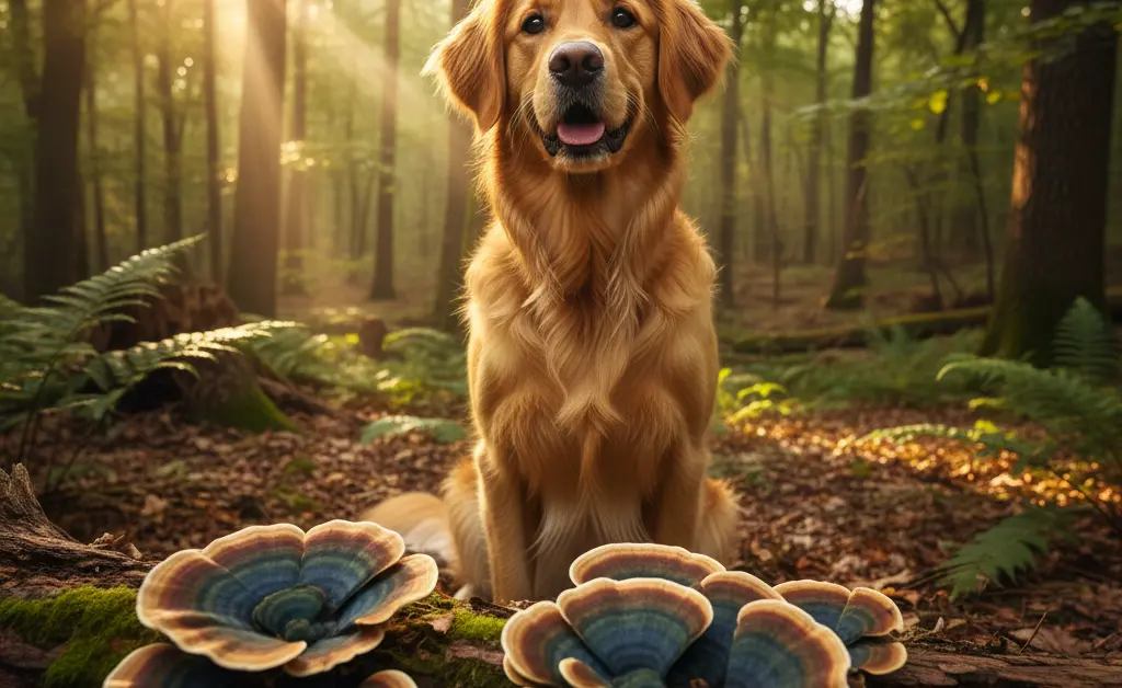 A curious golden retriever looking towards a cluster of vibrant turkey tail mushrooms in a natural woodland setting, illustrating turkey tail mushroom for dogs.