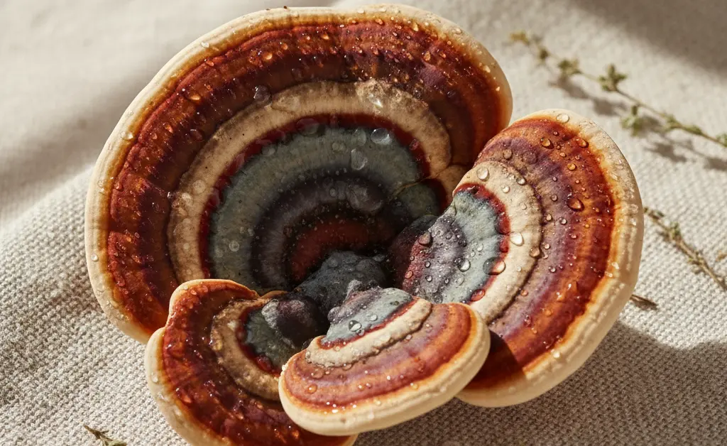 A close-up, photorealistic image showcasing the intricate textures of a turkey tail mushroom for eczema, placed on a soft, neutral fabric.