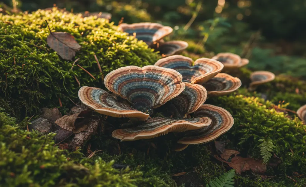 A close-up, editorial-style photograph showcasing the intricate, colorful patterns of turkey tail mushroom for energy and well-being.