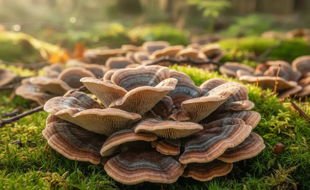 A close-up shot showcasing the intricate, colorful layers of turkey tail mushroom for energy, with a soft, natural light highlighting its texture.