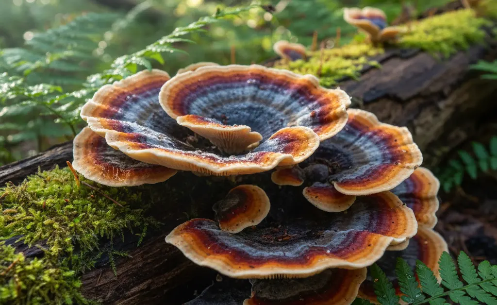 A close-up, editorial photograph showcasing the intricate texture and vibrant colors of turkey tail mushroom for fatty lumps, presented in a natural setting.