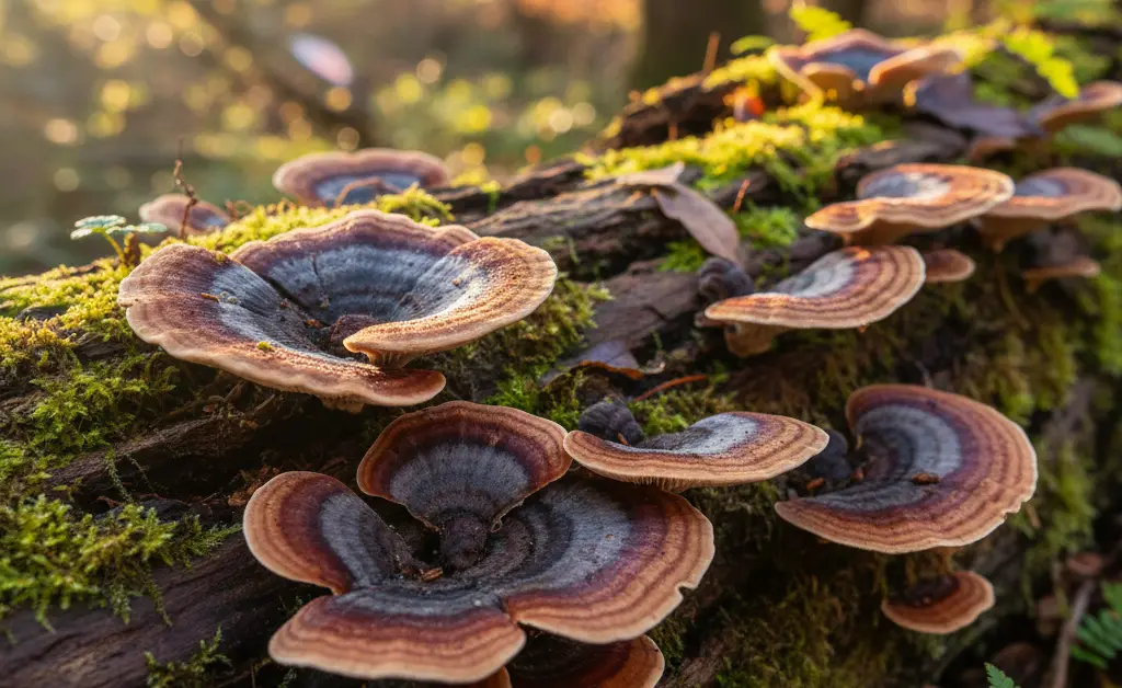 A close-up, photorealistic shot showcases the vibrant, layered colors of a turkey tail mushroom for flu season, set against a softly blurred, natural forest floor.
