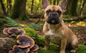 A healthy French Bulldog looking alert and happy beside a natural, earthy display of turkey tail mushroom.