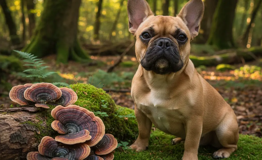 A healthy French Bulldog looking alert and happy beside a natural, earthy display of turkey tail mushroom.