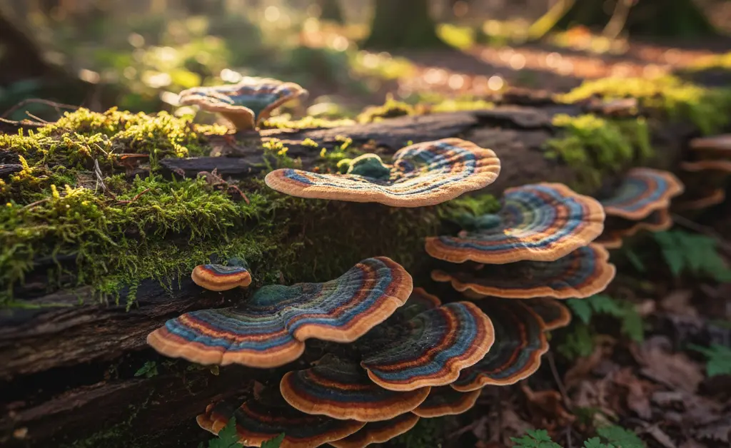 A close-up, vibrant photograph showcases the layered beauty of turkey tail mushroom for gerd, set against a softly blurred natural forest floor.