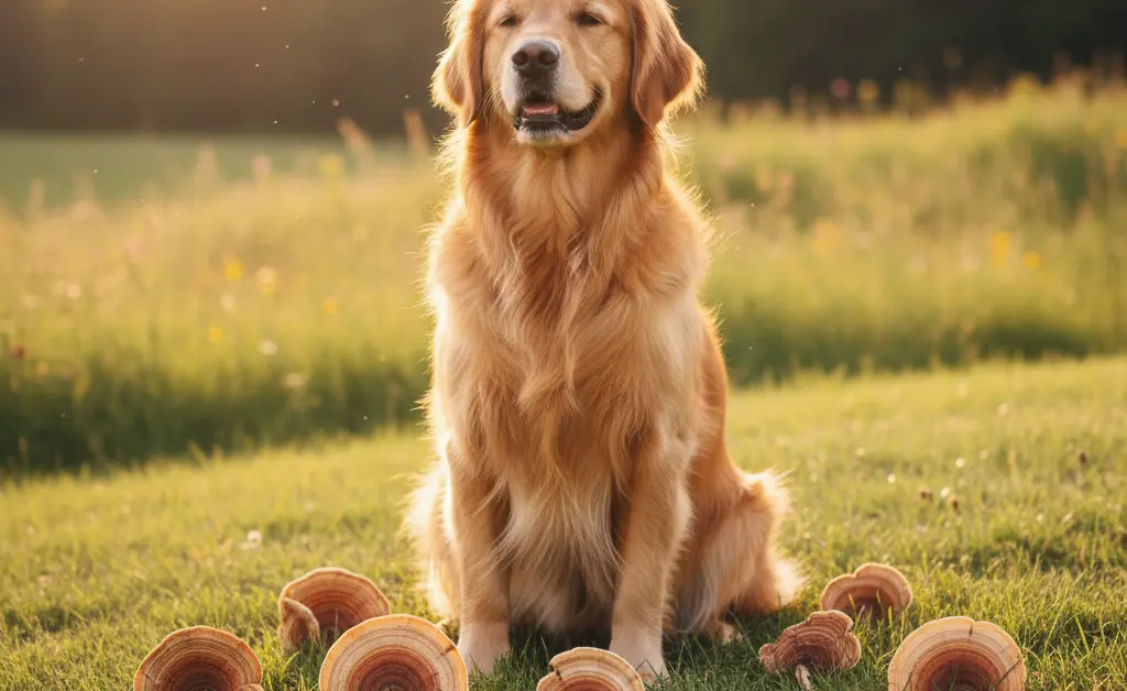 A healthy, happy Golden Retriever sitting calmly outdoors, with a visually appealing arrangement of turkey tail mushrooms placed artfully nearby, highlighting the benefits of turkey tail mushroom for golden retrievers.