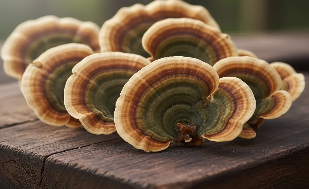 A close-up, photorealistic image showcasing the vibrant, fan-like layers of a turkey tail mushroom for gut health, placed on a natural wooden surface with soft, diffused morning light.
