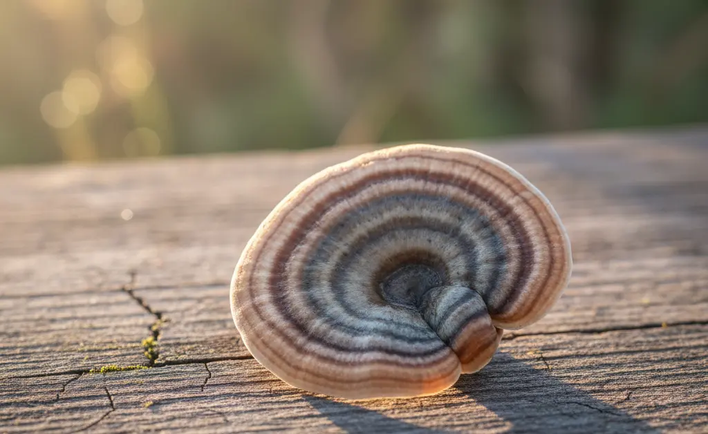 A close-up, naturally lit shot showcasing the intricate patterns of a vibrant turkey tail mushroom, evoking the potential of turkey tail mushroom for hair growth.