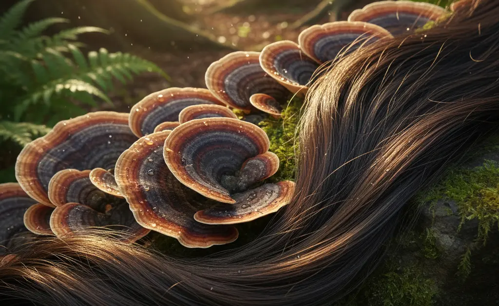 A visually appealing image showcasing the potential of turkey tail mushroom for hair loss, with a focus on natural vitality.