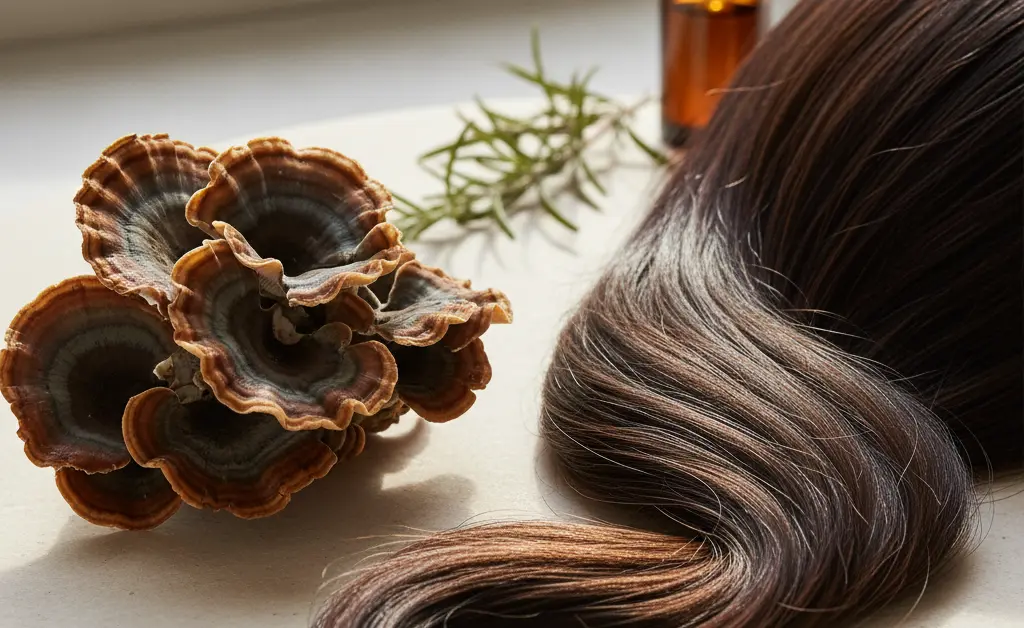 A visually appealing arrangement showcasing the potential of turkey tail mushroom for hair loss, featuring fresh mushrooms alongside healthy hair strands.