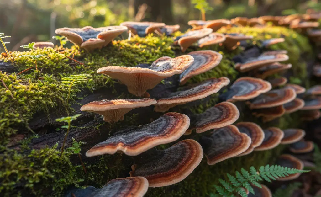 A detailed close-up photograph showcases the vibrant, layered concentric rings of the turkey tail mushroom for humans, growing naturally on a mossy forest floor.