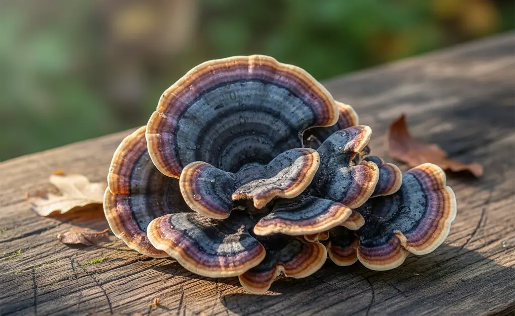 A close-up, photorealistic shot showcases the vibrant colors and textures of a fresh turkey tail mushroom, hinting at its potential for gut health.