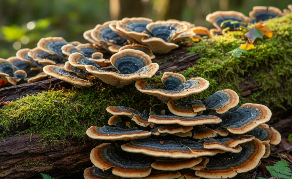 A vibrant close-up shot showcasing the distinct, fan-like layers of turkey tail mushroom for immune system support, bathed in soft, natural light.