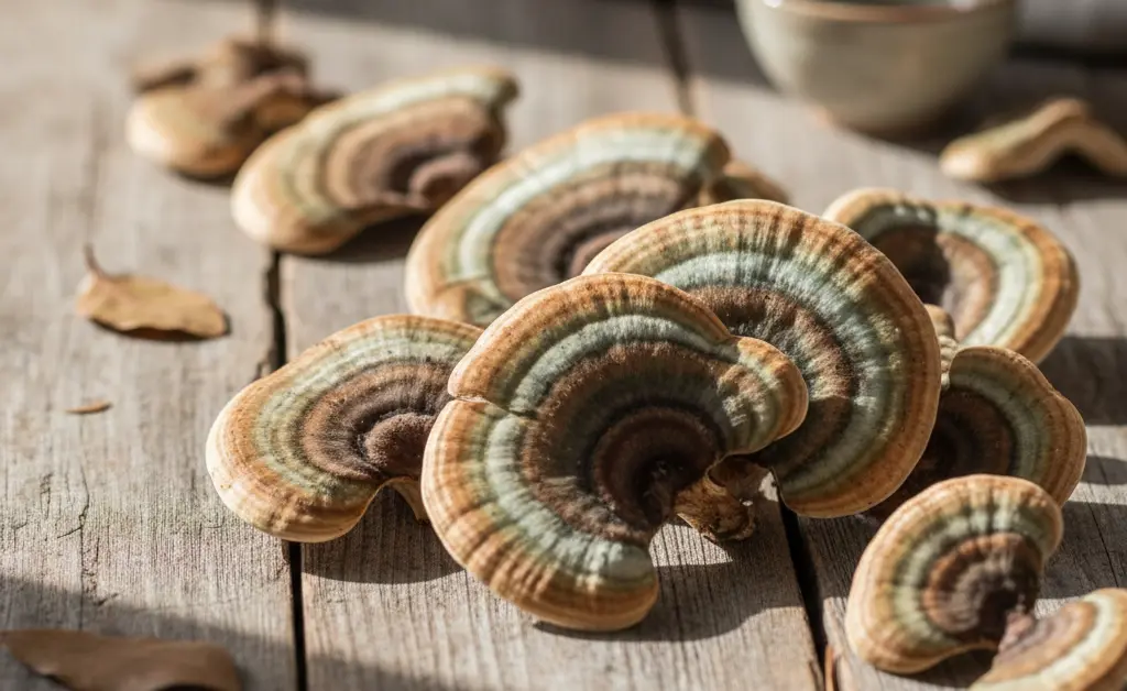 A close-up, top-down view of vibrant fresh turkey tail mushroom for inflammation, subtly arranged on a rustic wooden surface with soft natural light.