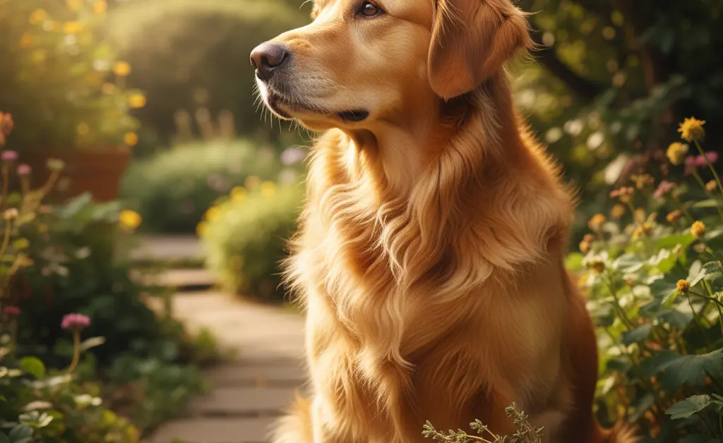 A healthy, happy dog with a shiny coat is shown looking towards a calming arrangement featuring dried turkey tail mushroom slices and a subtle, natural background, illustrating the potential of turkey tail mushroom for ivdd.