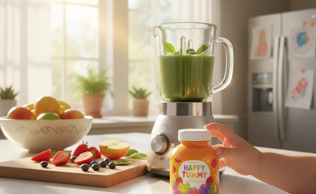 A young child happily holds a small, child-friendly bottle of supplement next to a healthy smoothie, symbolizing the integration of turkey tail mushroom for kids into a vibrant lifestyle.