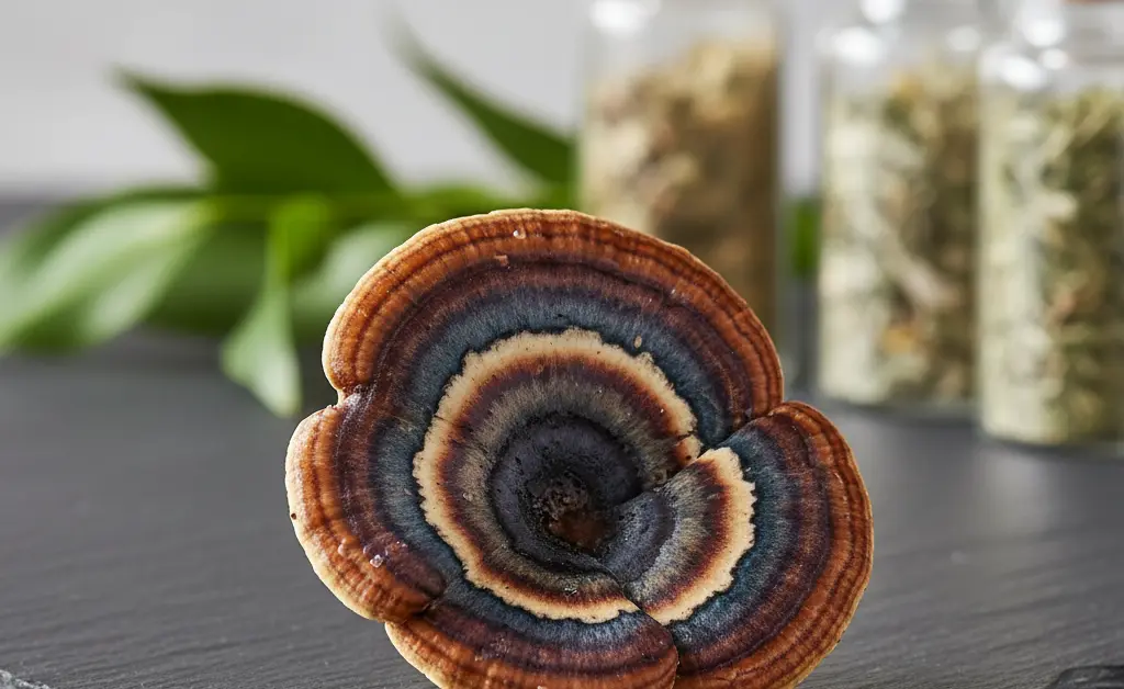 A close-up, photorealistic image showcases the vibrant texture of a turkey tail mushroom, highlighting its potential for liver health support.