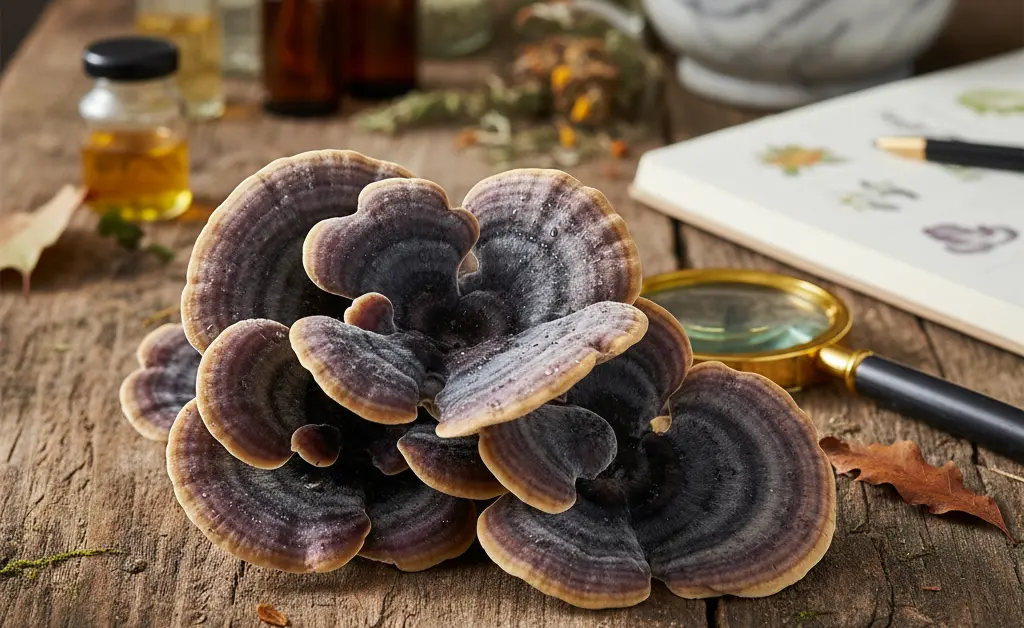 A close-up, photorealistic image showcasing the distinct, layered appearance of a turkey tail mushroom, offering a visual representation of turkey tail mushroom for MS research.