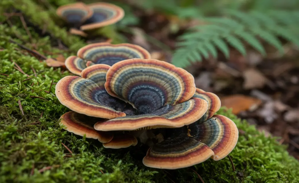 A close-up, detailed photograph showcasing the striking texture and colors of a fresh turkey tail mushroom for nerve pain, presented in a natural, earthy setting.