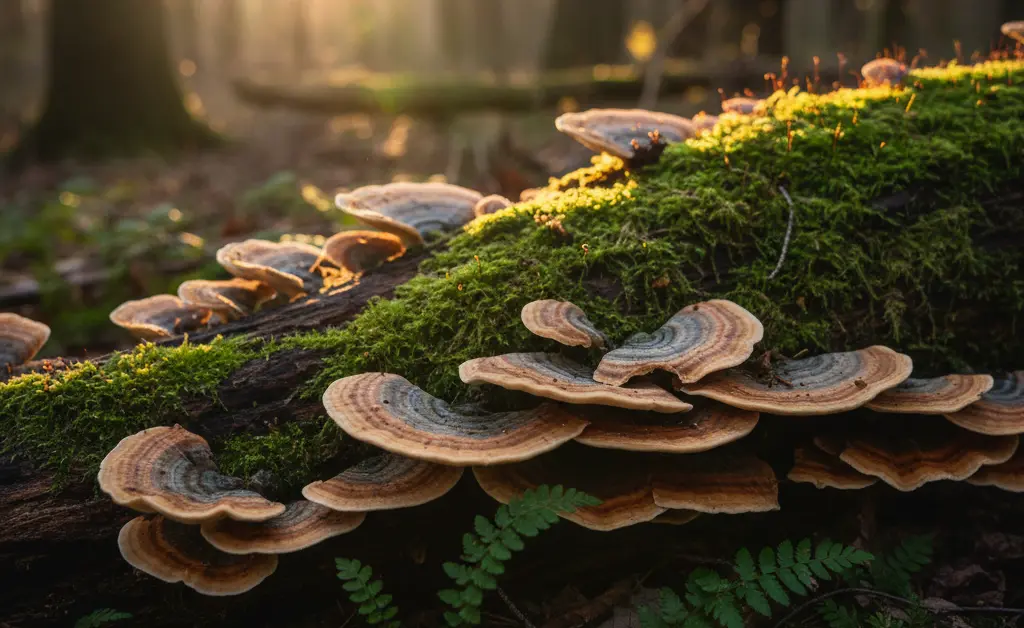 A close-up, editorial photograph showcasing the intricate, layered texture of a turkey tail mushroom, highlighting its vibrant brown and tan concentric rings, representing the natural potential of turkey tail mushroom for pain.