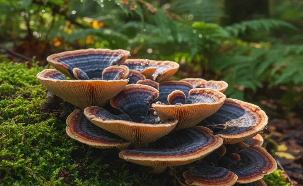 A visually striking close-up showcasing the vibrant textures and colors of a turkey tail mushroom, hinting at the potential of turkey tail mushroom for parasites.