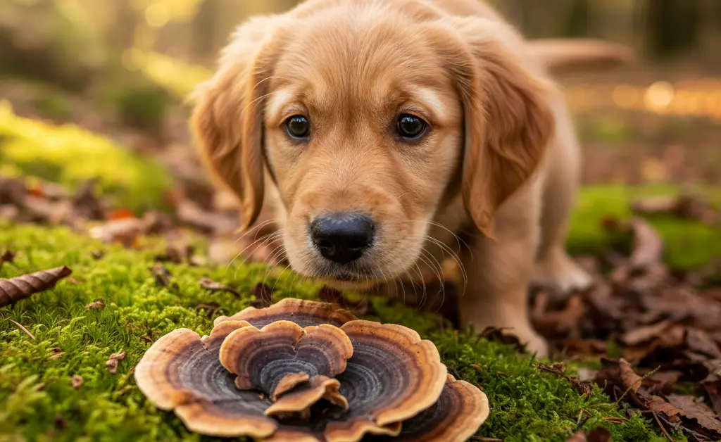 A gentle, high-angle shot showcasing a small, healthy puppy curiously sniffing a cluster of turkey tail mushroom for puppies in a natural, sun-dappled forest setting.
