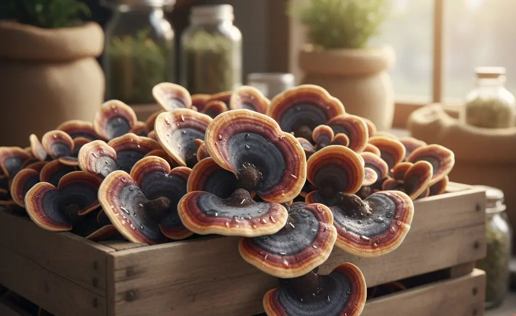 A carefully curated display of fresh turkey tail mushroom for sale in a natural, organic market setting.