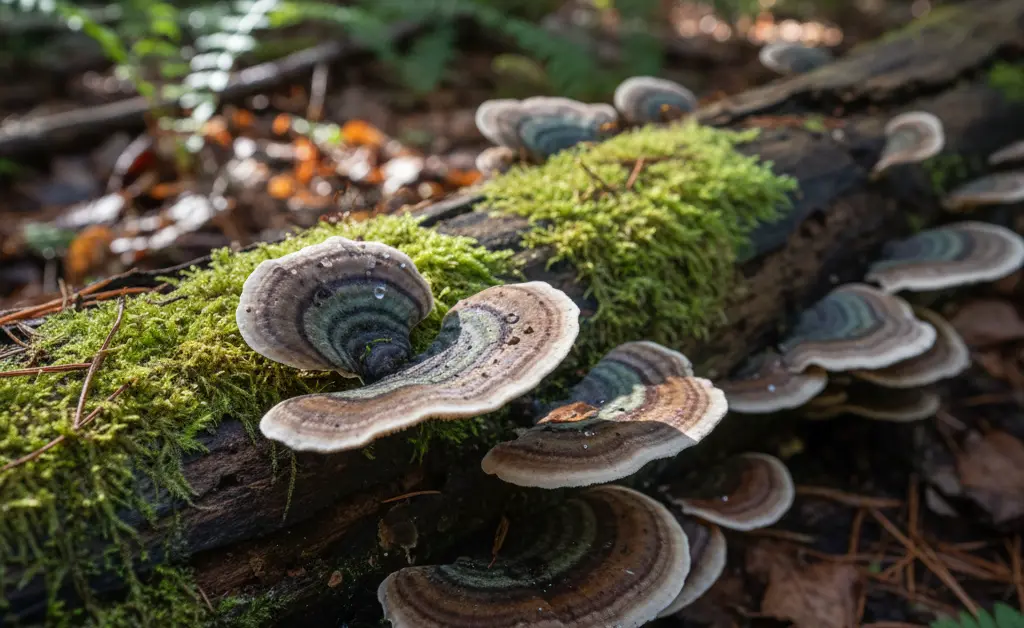 A vibrant cluster of turkey tail mushroom for sale uk, glistening with dew on a weathered log, bathed in soft, natural sunlight.