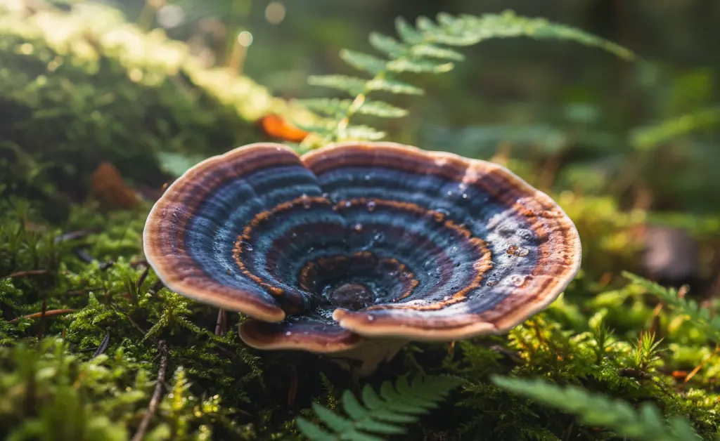 A close-up, editorial-style photograph showcasing the earthy textures of a turkey tail mushroom, hinting at its potential for wellness, presented as a visual exploration of turkey tail mushroom for tinnitus.