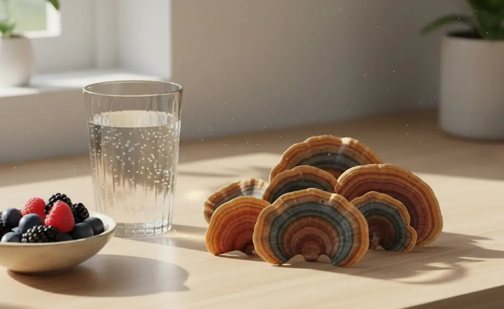 A serene scene depicting the potential benefits of turkey tail mushroom for weight loss, with a focus on natural wellness.