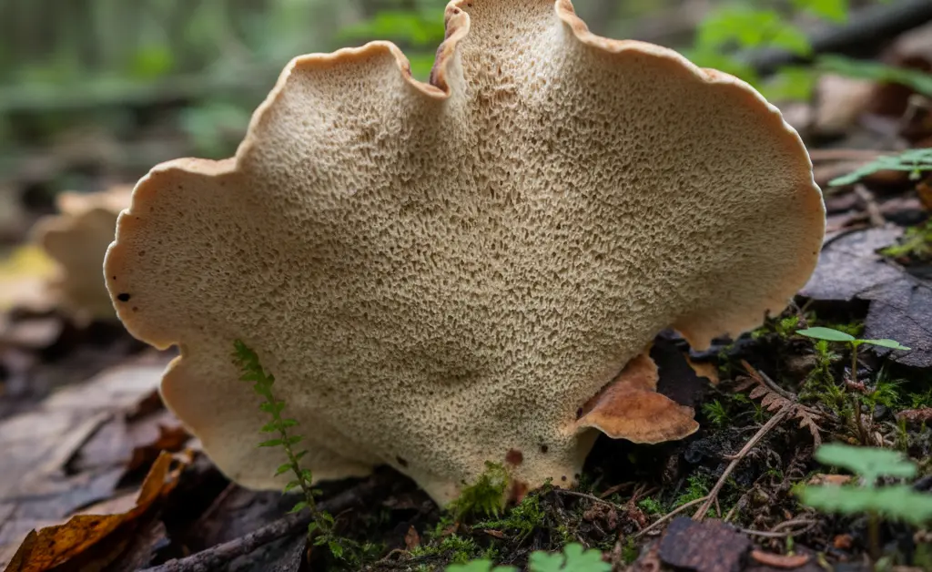 Close-up of the underside of a turkey tail mushroom, clearly showing the pores, not turkey tail mushroom gills, with soft natural light.