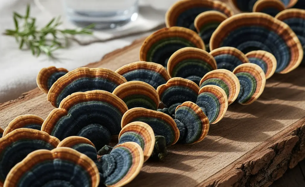 A close-up, artistically arranged display showcasing the vibrant, fan-like layers of turkey tail mushroom alongside a simple glass of water, suggesting natural wellness and potential health benefits. This image thoughtfully represents how turkey tail mushroom good for diabetes is being explored in wellness practices.