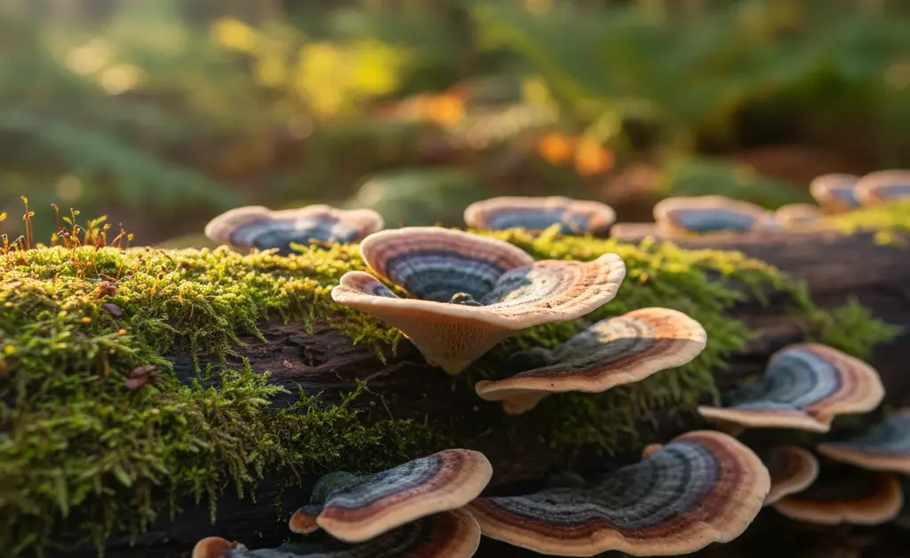 A serene close-up shot of vibrant turkey tail mushroom good for showcasing its intricate patterns, with soft natural light highlighting its textures.