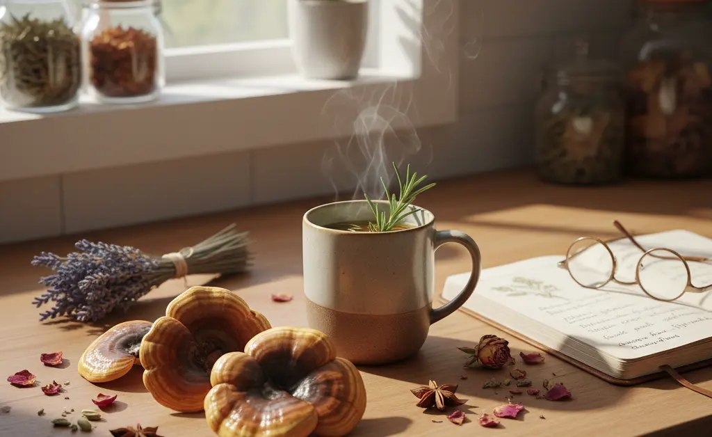 A visually appealing arrangement showcasing the potential of turkey tail mushroom good for kidneys, featuring fresh mushrooms alongside soothing herbal tea.