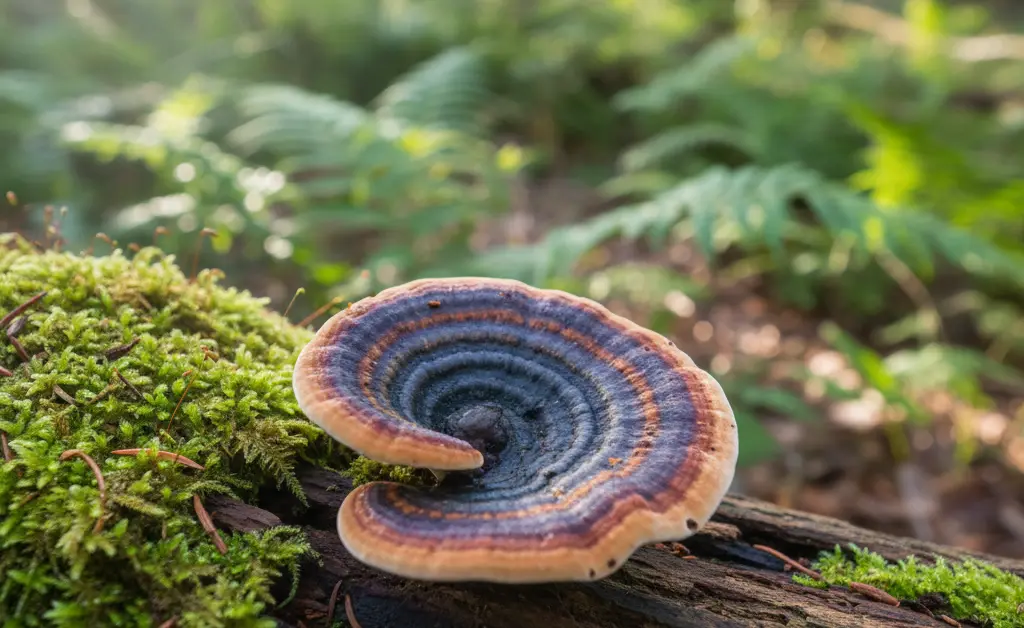 A close-up shot highlighting the intricate, banded surface of a turkey tail mushroom good for liver support, set against a softly blurred natural forest floor.