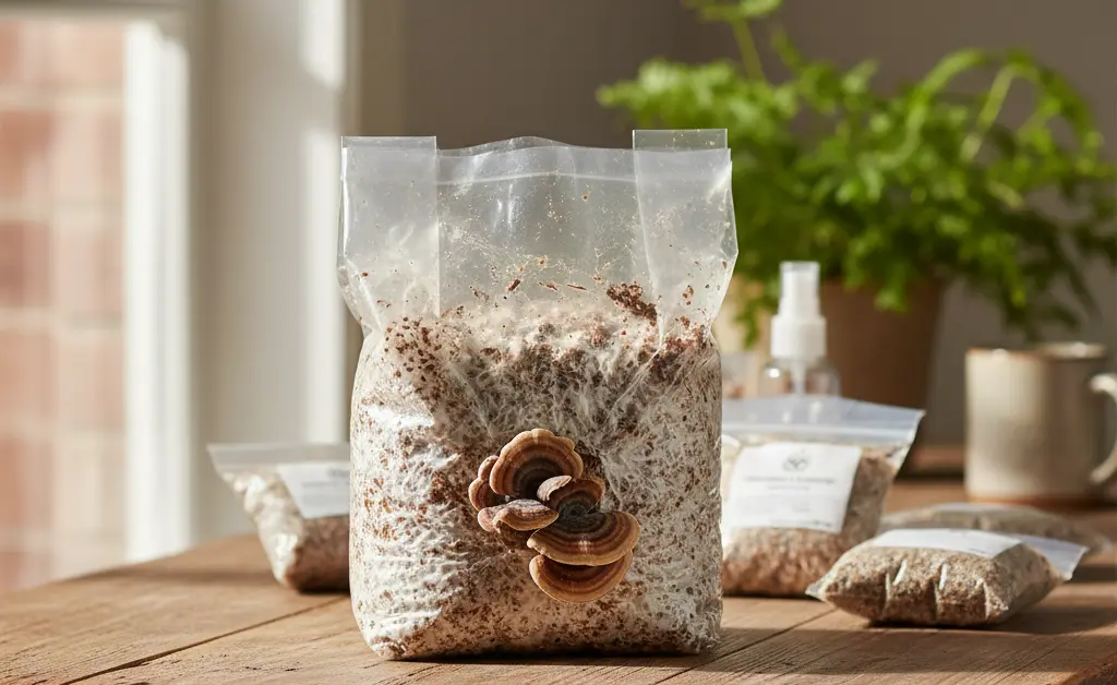 A close-up shot showcasing a vibrant turkey tail mushroom grow kit ready for cultivation.