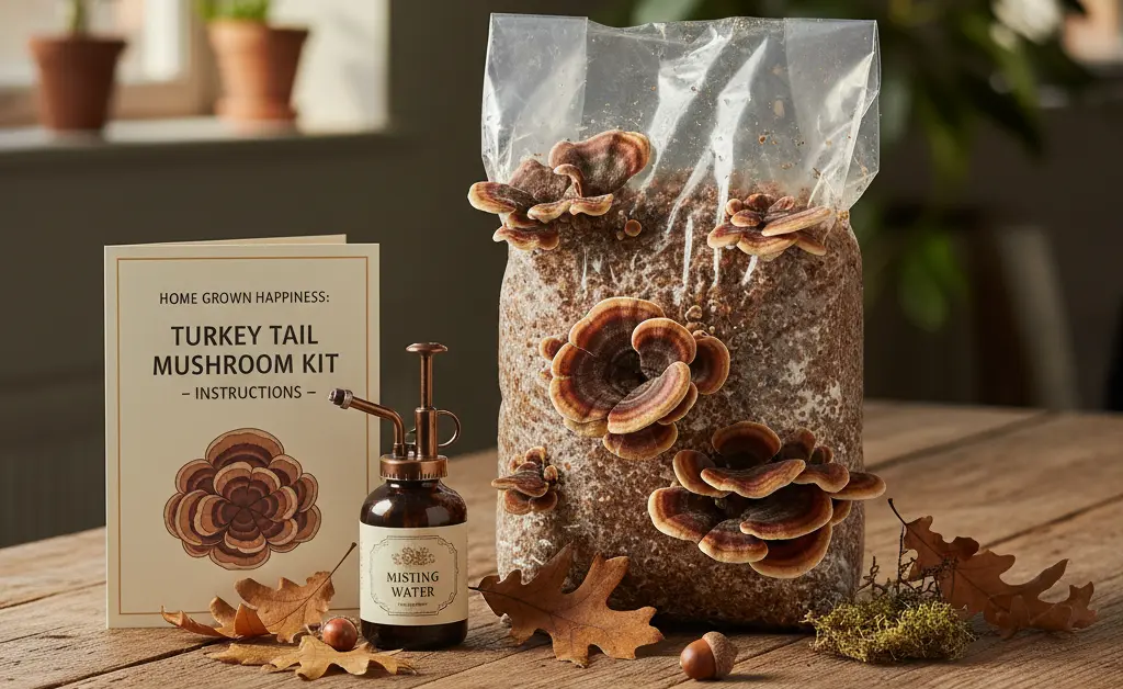 A visually appealing setup showcasing a complete turkey tail mushroom grow kit uk ready for cultivation.