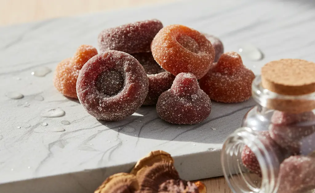 A natural light photo showcasing delicious turkey tail mushroom gummies as a convenient wellness option.