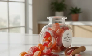 A visually appealing bottle showcasing delicious turkey tail mushroom gummies, perfect for daily wellness.